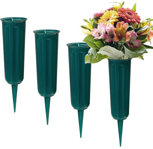 4 Stück Grab Vasen mit Spikes, Kunststoff Blumenhalter für Friedhof, Blumenvase Grab Dekorationen für Friedhof Grabstein Grabseite (Grün)