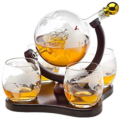 whiskey decanter Globe set con 4 Etched Globe bicchieri da whisky – per liquore, scotch, bourbon, vodka e vino – 850 ml