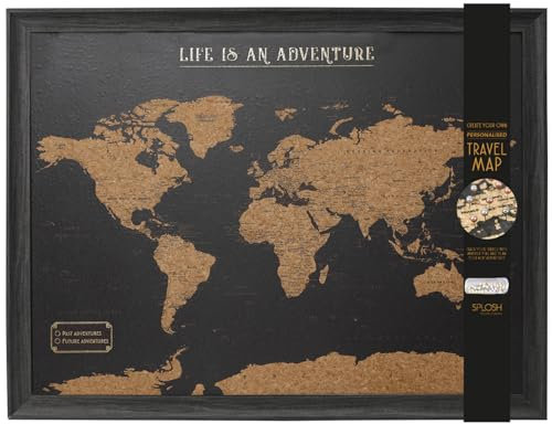 Splosh Large Maps. World Map Pin Board in Black, Wooden Frame. World Map Cork Board with 100 Pins in 2 Colours to Mark Your Past and Future Adventures. Framed World Maps for Wall. (Black)
