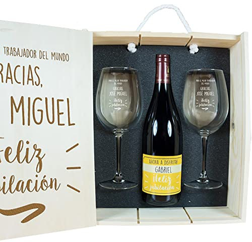 Calledelregalo Kit Personalizado para jubilación: Caja de Madera + Copas de Vino+ Botella de Vino/Todo Personalizado/Incluida caja de madera grabada de regalo