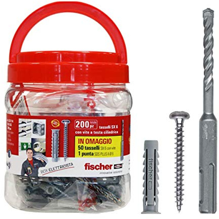 Fischer Box Elettricista con 200 Tasselli SX 6, 200 Viti Diametro 4.5 x 40 mm, 1 Punta SDS Plus Diametro 6, Ideale per Fissare Applicazioni Elettriche, 553114, Rosso, Diametro 6