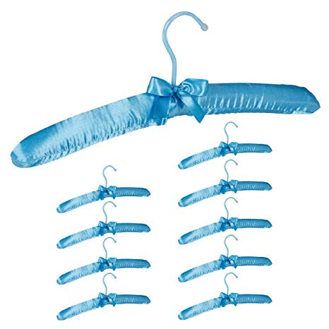 Relaxdays Kleiderbügel Satin, 10er Pack, weich gepolstert, 360° drehbarer Haken, dekorative Schleife, 38 cm, hellblau
