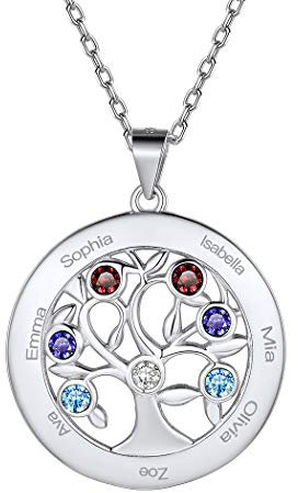 925 Sterling Silver Personalised Family Tree of Life Necklace with Choice of Birthstone Setting Custom Engraving Name 7 Seven Birthstone Tree Circle Pendant Necklace for Women Teen Girls