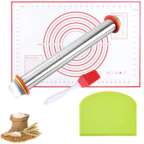 Kit mattarello, mattarello in Acciaio Inossidabile con Spessore e segni di misurazione Regolabili,Lunghezza 43,5 cm, con tampone in Silicone, Raschietto e Pennello in Silicone