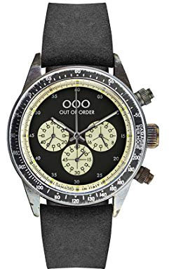 Out of Order Chronograph Black Black Stahl Quarz Schwarz Leder Vintage Ruiniert Herren Uhr