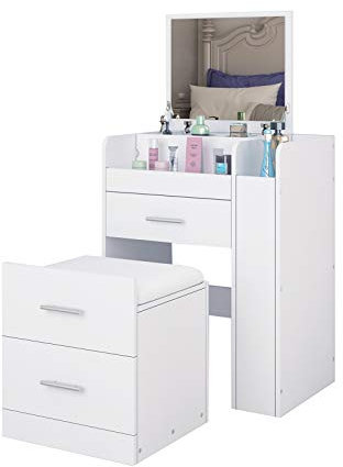 UNDRANDED Dressing Table LED Light Cosmetic Table with Flip Up Mirror, 2 Drawers and Compartments, Modern Vanity Makeup Writing Desk with Make-up Stool - White