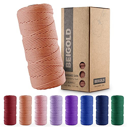 BEIGOLD® Premium Makramee Garn 3mm x 100m - Makramee Lachs - Baumwollgarn Mischgarn zum Knüpfen von Macrame - Rope Garn - Makramee-Garn aus Baumwolle für Kunst DIY Handwerk