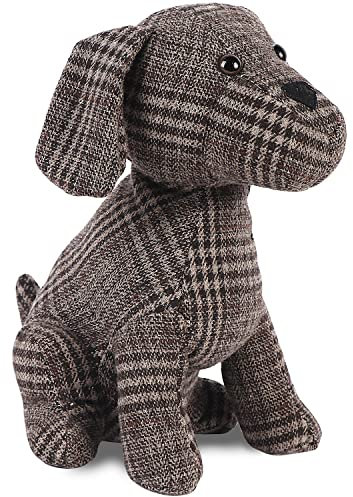 SANFERGE Decorative Animal Door Stopper, Plaid Dog, 1-Piece, Floor Mount, Polyester Cotton, Heavy Wall Protector