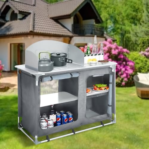 The Fellie Camping Kitchen Folding Camp cupboards Outdoor Kitchen Tables and Storage Units for Picnic and BBQ (Grey4)