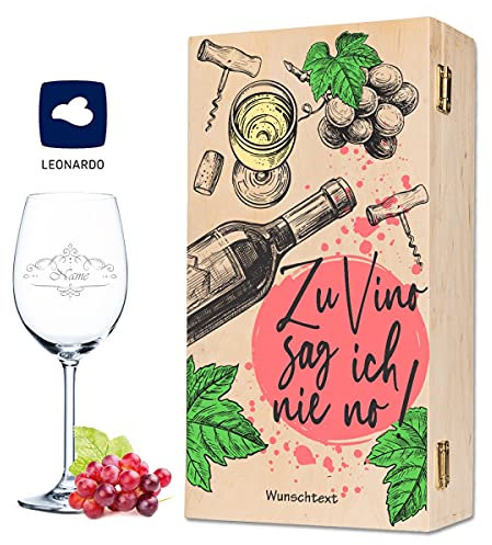 GRAVURZEILE Wein Präsent mit graviertem Weinglas & bedruckter Holzkiste - Zu Vino sag ich nie no - Geschenkset zum Geburtstag für Frauen & Männer - Weinflasche Riesling Tandem zur Auswahl