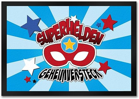 Superhelden Geheimversteck Fußmatte in 35x50 cm im Comicdesign mit Superhelden Maske die perfekte Türmatte für das Superhelden-Geheimversteck als Geschenk für kleine Jungs die