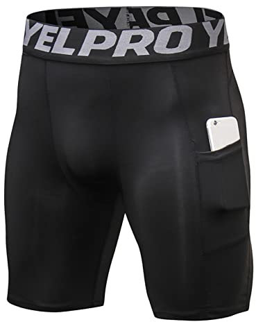 Yishengwan Herren Kompressionsshorts Tights Kurz Schnelltrocknendes Atmungsaktiv Sport Unterhosen Männer Leggings Kurz mit Handytasche Schwarz XL