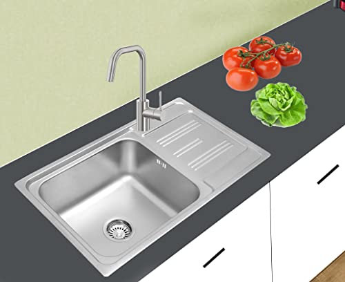 Omeere Fregadero de acero inoxidable 304 18/8 0,8 mm,Fregadero empotrado 1 seno 75 x 45 x 18cm,Fregadero de cocina, pequeña, redondo (Escurridor a la derecha)