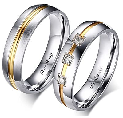 Beydodo Edelstahl Ringe Paare 2 Set, Verlobungsringe Paar Her King His Queen 6MM mit Zirkonia Bandringe Damen Gr.60 (19.1)+Herren Gr.60 (19.1), Personalisierte Partnerringe Trauringe Silber Gold