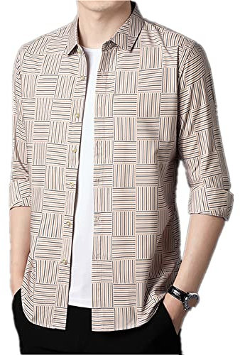 NP Printemps Automne Business Pas de Repassage Manches Longues Plaid Casual Hommes Chemise à Manches Longues Respirant, beige, XL