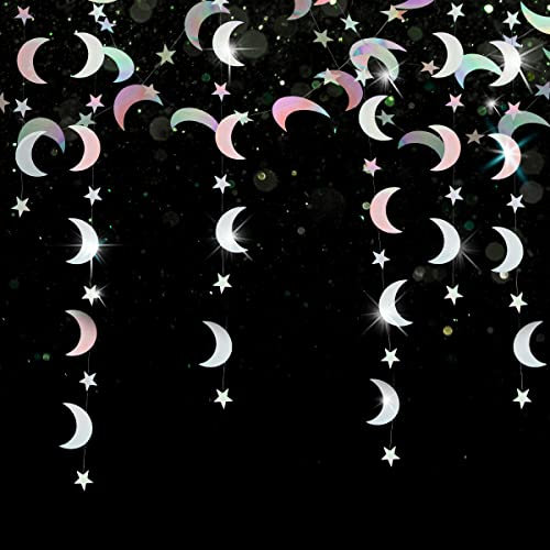 Stern Kreis Punkte Banner, RosyFate 4M Runde Sterne Papier Girlande, Girlande Sterne Mond, Silber Funkeln Stern Girlande, Mond Girlande, Star Streamer Bunting Banner, Silvester Deko(Moon)