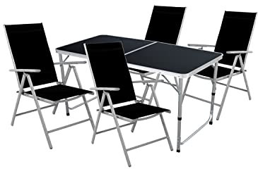 Mojawo® Campinggarnitur Campingmöbel 5-teilig Camping Klapptisch L120xB60xH58/70cm Höhenverstellbarer Tisch + 4 Hochlehner Silbergrau/schwarz