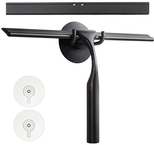GlobaLink Shower Squeegee, 12 inches Stainless Steel Shower Scrapers with Hanging Suction Hook All-Purpose Bathroom Window Wiper With Replacement Silicone Blade for Shower Door, Mirror-Black