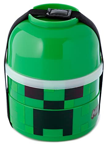 Puckator Minecraft Creeper Gestapelte Runde Bento Box Lunchbox mit 3 Fächern Luncbox Brotdose, Brotzeitbox für Kinder & Erwachsene, für kalte & warme Speisen, ideal für die Schule, Geschenke für Gamer