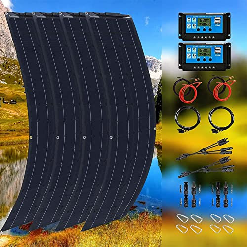 Wttfc Panel Solar Flexible 200W 18V Monocristalino, 4x50W Placa Solar Portatil con 20A Controlador, Módulo Solar Fotovoltaica Cargador Solar Portátil para RV, Barco, Caravana, Automóvil, Camping