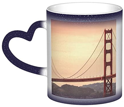 Golden Gate Bridge Tasse mit herzförmigem Griff, Keramik, wärmeempfindlich, Farbwechsel, perfekt für Tee, Kaffee und mehr