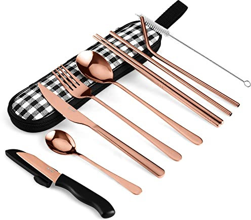 hecef Campingbesteck Set Edelstahl, 10 Teilig Reisebesteck Set mit etui, Besteckset mit Bestecktasche für Unterwegs, Outdoor Besteck mit Göffel, Spork, Messer ect. (Roségold)