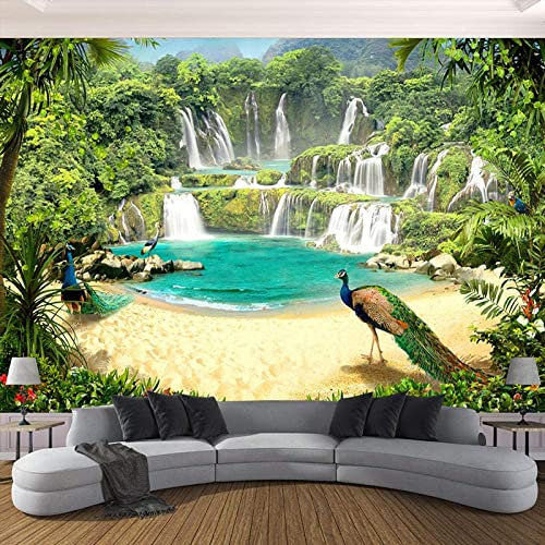 3D Wasserfall-Pfau-See-Landschaft Großes Aufkleber-Wandbild, Abnehmbares Wandbild | Selbstklebende Tapete 3D Wandbild Für Kinderzimmer Esszimmer Schlafzimmer Wohnzimmer 140 (Breite) x 70 (Höhe) cm