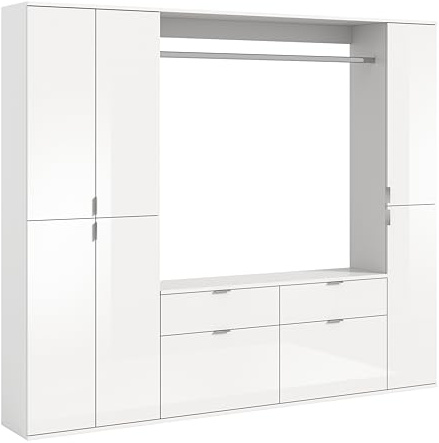xonox.home Systemmöbel Projekt X 4tlg. Kombination Garderobe Ankleidezimmer Schranklösung Büro Ordnungssystem in Front weiß Hochglanz Korpus weiß Nb., ca.212x193x34cm