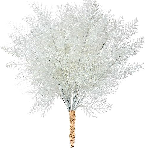 Saterkali Künstliche Tannenzweige für Weihnachten, wiederverwendbar, DIY, Heimdekoration, Weihnachtszweig, Partyzubehör für DIY-Girlande, Kranz, Weihnachtsdekoration, Silber-Weiß, 20 Stück