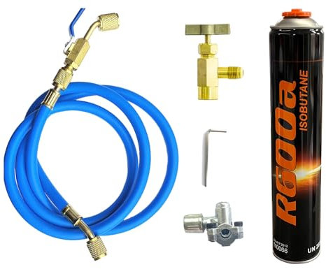 Generisch Kältemittelset Füllset Kältemittel R600a 750ml 420g + Entnahmeventil + Füllschlauch + Adapter BPV-31 für Klimaanlage, Wärmepumpe, Kühlschrank