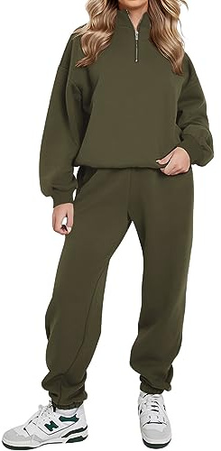 REORIA Damen Weich Baumwolle Hausanzug Dick Freizeitanzug Warm Trainingsanzug Jogginganzug Set halbem Reißverschluss Tracksuits mit Fleece-Futter Grün 2XL