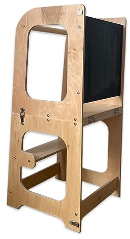Montessori Lernturm Küchenhelfer Vielseitiger 3-in-1 Lernturm für Kinder ab 1 Jahr - Klappbarer Küchenhelfer mit Tafel, Tisch & Stuhl
