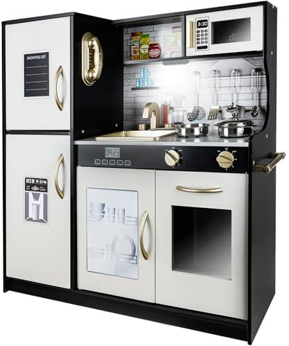 KRUZZEL Kinderküche Schwarz - Spielküche Zubehör Lehrreich - Essensspielzeug für Jungen und Mädchen ab 3 Jahren - Realistischen Details Mit Wasserhahn, Kühlschrank, Mikrowelle, Backofen