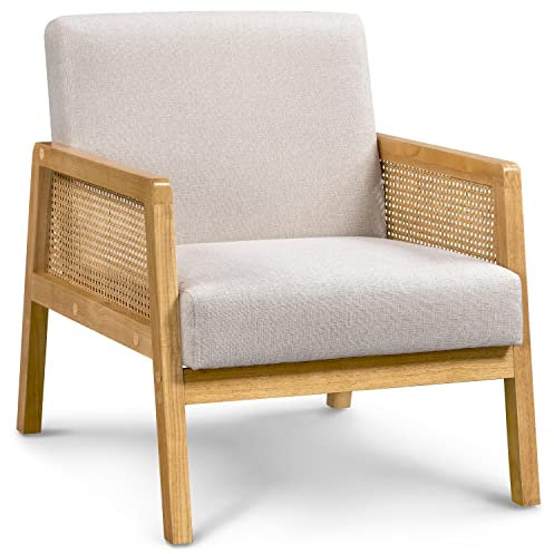 Yaheetech Fauteuil de Salon en Bois Design Rotin Massif Siège Confortable en Tissu Fauteuil Relax avec Coussins Rembourrés Fauteuil d'appoint pour Salon Chambre Terrasse Véranda Jardin Beige/1