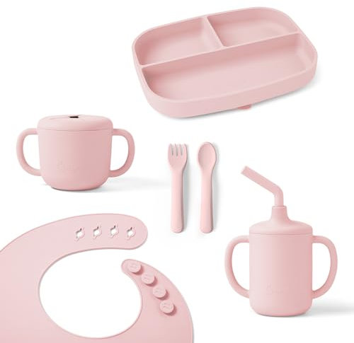 Ergobaby Juego de Vajilla Infantil Deluxe para bebés y niños pequeños a partir de 6 meses, juego de vajilla infantil con 2 tazas, bandeja, babero y cubiertos, sin BPA, PVC ni ftalatos, Blush Pink