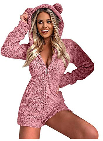 Pigiama da donna in morbido pile Onesie Teddy Pile intero con cappuccio, tuta lunga con cappuccio, tuta lunga e comoda e soffice, per la casa, Colore: rosa., L