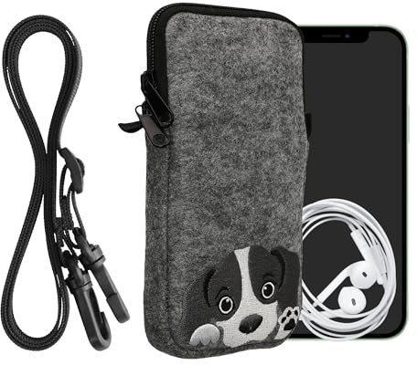 kwmobile Handytasche für Smartphones XL - 6,7/6,8 - Filz Handy Hülle Grau Schwarz - Handy Tasche mit Kette 17,2 x 8,4 cm Innenmaße - Neugieriger Hund