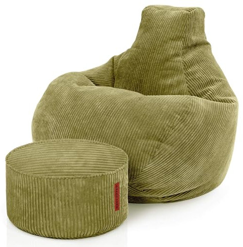 Green Bean® Sitzsack mit Hocker aus Cord - Sitzsäcke für das Wohnzimmer, Schlafzimmer, Sitzsack-Sessel für Erwachsene Grün