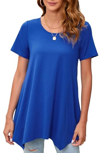 Enmain Tunic Tops for Women UK Short Sleeve T-Shirt Summer Tunics for Leggings Plus Size Round Neck Casual Loose T Shirt Royal Blue Blouse Shirt Hanky Hem Ladies Swing Top XL
