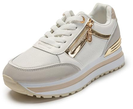 JOMIX Zapatillas Mujer con Plataforma Zapatillas Depotivas Mujer Zapatos Cuña Mujer Zapatillas Vestir Mujer Gimnasio Caminata Jogging Fitness, Blanco, 39 EU