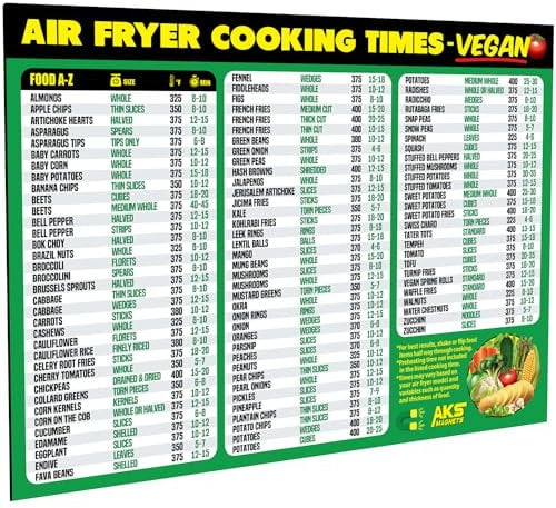 Air Fryer Cheat Sheet Magnet, Vegan Edition - Air Fryer Cooking Times Chart for 100 Vegan Food Items - Magnetic Airfry Guide for Vegetarian Cookbooks and Recipes - Plant Based Diet Airfryer Accessory