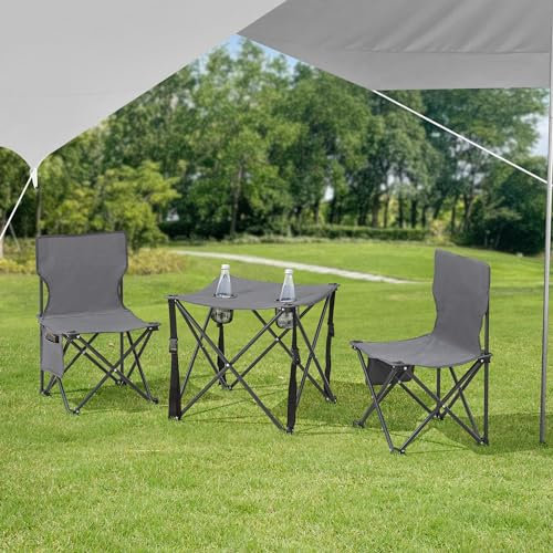 casa.pro Campingstuhl Set mit Tisch Banzi Camingmöbel 3-teilig Klappstühle Klapptisch Angelstuhl faltbar Garten Textil Metall Outdoor Sitzgarnitur mit Getränkehalter Grau