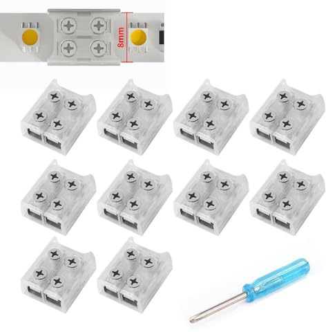 YUTOKEER LED Streifen Verbinder 2-polig 8mm, 10 Stück, Lötfrei Strip zu Strip Verbindung für 3528/5050 SMD & COB LED Bänder, Schnellverbinder Transparent inkl. Schraubendreher