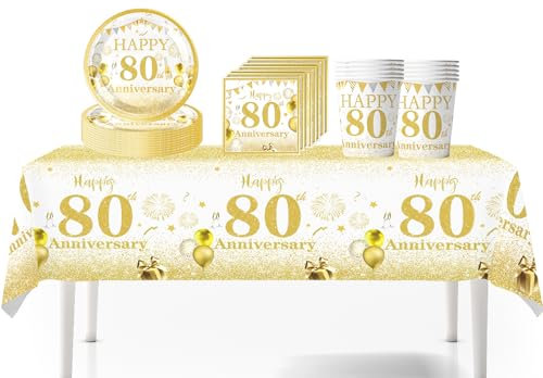 41Pcs White Gold 80th Happy Birthday Party Tableware Decorations for Him Plastic Table Cloth,7inch Paper Plates,Napkins, Cups for Men Birthday Table Party Tableware Set for Him Adults Birthday Party