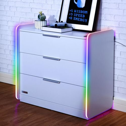X-Rocker Electra LED Chest of Drawers, 3 Drawer with Integrated Handles and Metal Runners, App Controlled RGB LED Lighting Strip for Ambient Lighting, Bedroom Furniture 85x43x80.5cm - WHITE