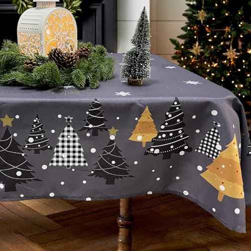 Zmorfiya Weihnachten Tischdecke, Dunkelgrau Abwaschbar Tischdecke 140x200cm, Wasserabweisend Tischtuch mit Schneeflocke Tannenbaum Feuerwerk, Rechteckig Tischwäsche Deko für Winter Party