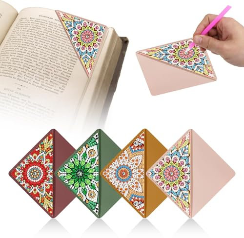 Syunyin Diamond Painting 4 Stück 5D Mandala Lesezeichen für Erwachsene und Kinder, Leder Lotus Lesezeichen