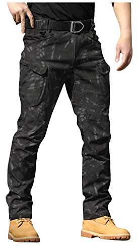 Cargohose Herren mit Taschen Hose Sommer Cargo Hosen Baggy Arbeitshosen Männer Sommerhose Bequeme Freizeithose mit Gummizug Einfarbig Pants Jogginghose Reisverschlusstaschen (Snake Pattern,XXL)
