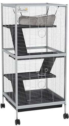 PawHut Cage pour Petits Animaux Portable à 4 Niveaux Cage Chinchilla Cage Furet avec roulettes, 2 Portes, 3 Rampes, Hamac et Plateau Amovible, 52 x 52 x 113,5 cm Blanc