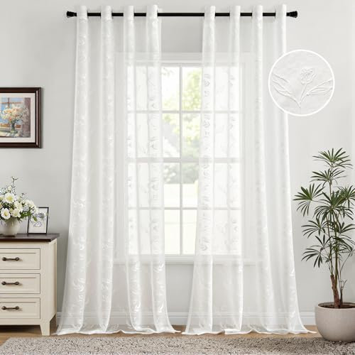 Woaboy Gardinen Weiß Blätter Muster Voile Vorhänge mit Ösen Wohnzimmer Transparente Ösenschal Sheer Voile Curtains für Schlafzimmer 2er Set 140x245cm(BxH)